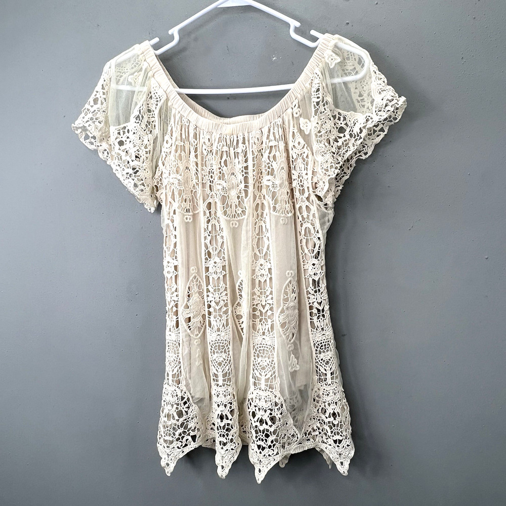 Rain and Rose Crochet Lace Top S Cream Boho Coastal Flowy Festival Pullover
